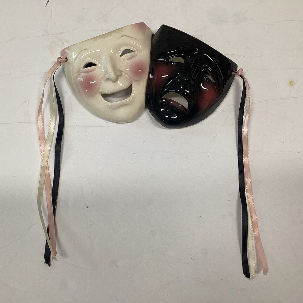 vtg clay art mask classic comedy tragedy faces 1992 glossy hanging ribbons